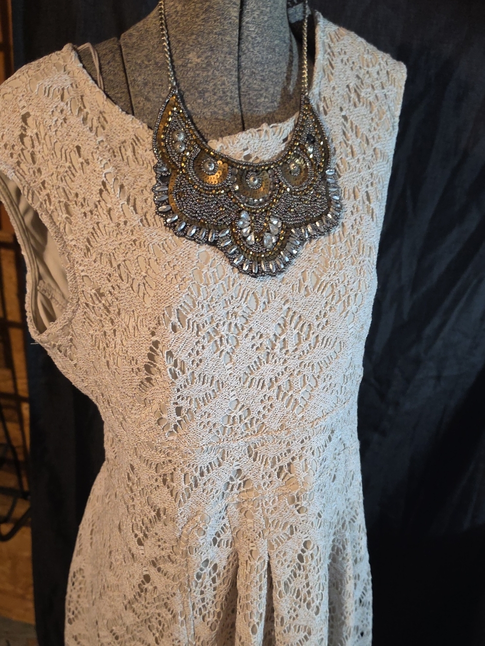 Sleeveless Floral Crochet Lace Dress in Soft Beige